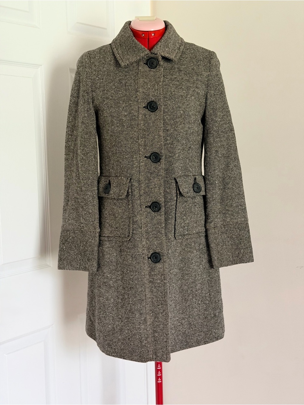 RARE NWOT Y2K 2008 Gap Doen Wool Silk Pea Coat Gray Herringbone Plaid S